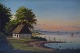 1800-tals dansk kunstner, bondehus med Kronborg i baggrunden, solnedgang. 
Olie på lærred.