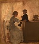 Sjælden Peter Ilsted (1861-1933). Interiør med moder og barn. mezzotinte i 
farver. 

