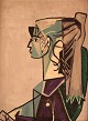 Style of Picasso. Oil on cardboard. Side facing woman in half profile painted in 
cubist style. 1960