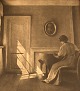 Peter Ilsted (1861-1933). Interior with woman. Rare etching. Ca. 1900.
