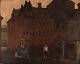 Otto Olsen (1905-1966), dansk maler. Olie på lærred. Modernistisk bymotiv fra 
Magstræde med ung kvinde og par. Dateret 1957
