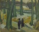 Alexander Klingspor (1897-1978), dansk kunstner. Olie på lærred. Modernistisk 
skovmotiv med vandrende par. Dateret 1936.
