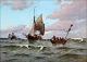 Dansk Kunstgalleri præsenterer: "Fiskerbåde på havet, Frederikshavn" Stort flot oliemaleri i flot ramme.