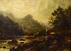 Ubekendt europæisk kunstner. Olie på lærred. Flodlandskab med bjerge i 
baggrunden og person. 1800-tallet.

