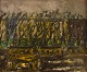 Poul Ekelund (1921-1976), Denmark. Oil on canvas. Modernist landscape with 
yellow houses. Dated 1965.
