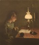 Peter Ilsted (1861-1933). Mezzotinte i farver. Interiør med strikkende ung 
kvinde. Ca. 1900.

