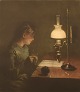 Peter Ilsted (1861-1933). Mezzotint in colors. Interior with young knitting 
woman. Approx. 1900.
