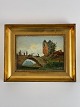 Painting of landscape with bridge and castle as 
well as persons - possibly German or Austrian - 
marked on the back with pencil Hans Fischer, 
indistinctly signed with initials