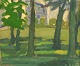 Niels Grønbech (1907-1991), dansk maler. Olie på lærred. Modernistisk parkmotiv 
med træer og hus i baggrunden. 1960/70