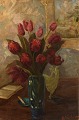Boris Krilov (1891-1977) russisk kunstner. Olie på lærred. Stilleben med røde 
tulipaner. 1930