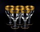 Rimpler Kristall, Zwiesel, Germany, five hand blown crystal red wine glasses 
with gold rim decorated with grapes and vine leaves.