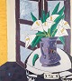 Fransk kunstner, olie på plade, modernistisk stilleben med blomster i kande på 
bord.
