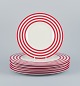 Royal Fine China, a set of six "Freshness Lines Red" plates. Five dinner plates 
and one lunch plate.