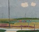 Gotthard Sandberg (1890-1961), svensk kunstner, olie på plade. Modernistisk 
landskab med heste på eng.