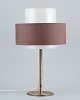 Luxus, Sweden. Large table lamp in brass with a shade in plastic and brown 
fabric.