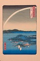 Ando Hiroshige, japansk træsnit på japanpapir. 
Tsushima Kaigan Yubare.
Landskab med både på vandet.