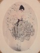 Louis Icart (1888-1950), farvelitografi på japanpapir. Elegant kvinde omgivet af 
sommerfugle.