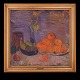 Karl Isakson maleri. Karl Isakson, 1878-1922, stilleben med appelsinpyramide, 
pærer i blå skål og påskeliljer, olie på lærred. Lysmål: 53x55cm. Med ramme: 
65x67cm