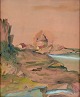 Unknown Danish artist. Watercolor on paper.Landscape view from Bornholm with round church by the Baltic Sea.