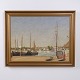 Osted Antik & Design præsenterer: Oliemaleri på Lærred med Havnemotiv og Både i Guldramme 60 x 75 cm