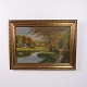 Osted Antik & Design præsenterer: Oliemaleri på Lærred med Landskabsmotiv og Sø i Guldramme 59 x 79,5 cm