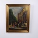 Osted Antik & Design præsenterer: Bymaleri på Lærred med Kirke og Mennesker i Guldramme 76,5 x 62,5 cm