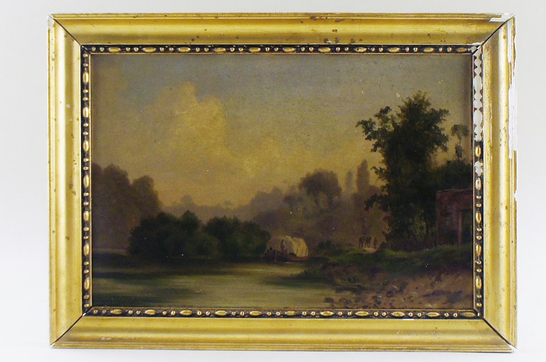 Unknown danish golden age painter, 19 century landscape with a boat on a river.