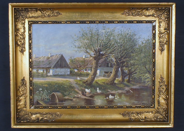 S. Fischer, dansk kunstner, tidligt 1900-tallet. Idyllisk dansk stråtækt gård.