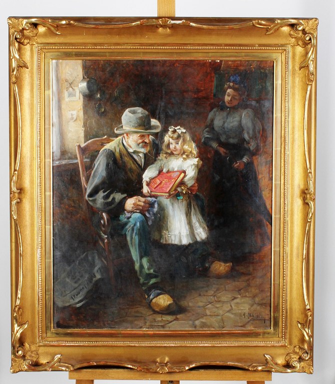 Interiør, bedstefar og pige. Olie på lærred, uidentificeret kunstner, utydeligt 
signeret. 1920