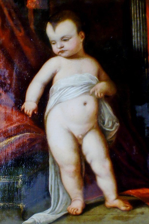 José Rose, oil on canvas. Portrait of naked boy in rococo interior.