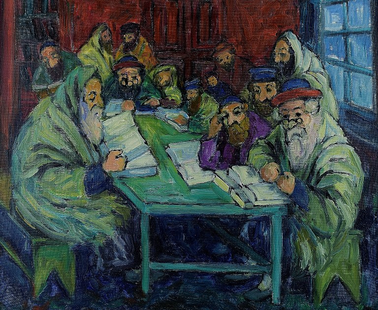 Oil Painting. Jewish gentlemen studying.
