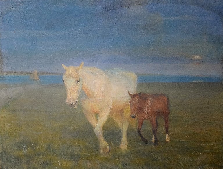 Søren Lund, listed danish artist. Mare with foal on meadow.
Pastel.