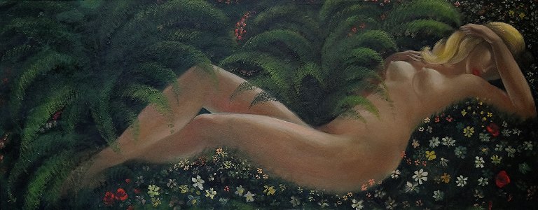 Unknown Artist, lying naked woman, large oil on panel. Mid 20 c.
