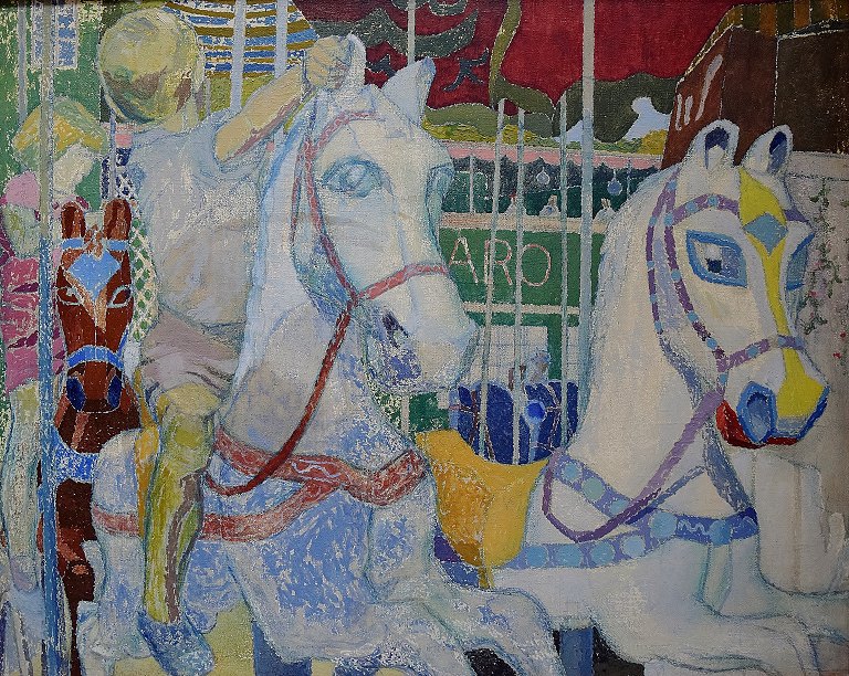 Modernist painting, children carousel, funfair. Unknown Artist, mid 20 c.
Oil on canvas.