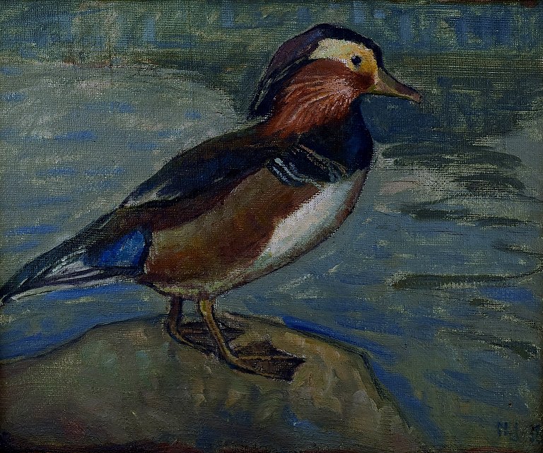 Danish artist, dated 1918
Mandarin duck, oil on canvas.