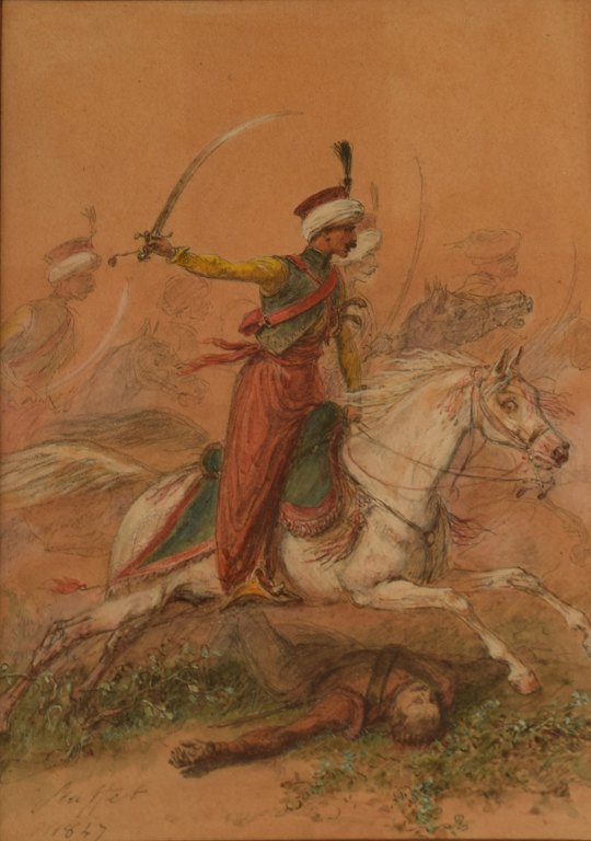 Auguste Denis Raffet: b. Paris 1804, d. Genoa 1860.  
Arabian horsemen on the battlefield.