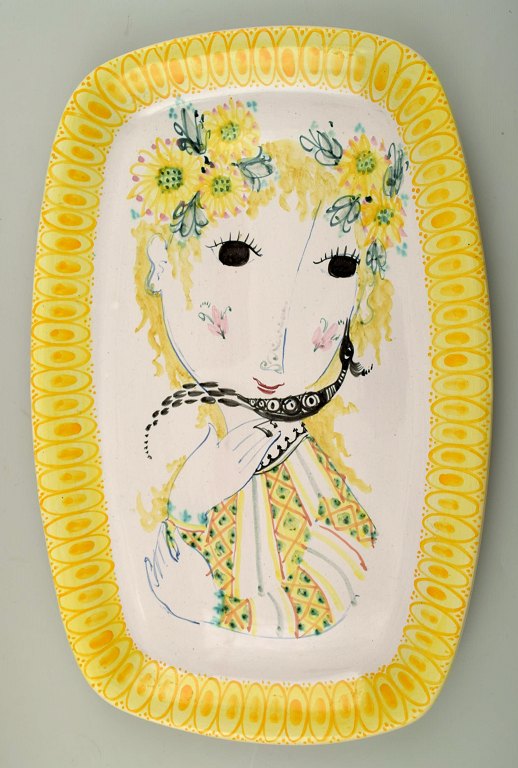 Bjørn Wiinblad : Sjældent og tidligt unika stort aflangt gult fad dekoreret med 
kvinde med blomster i håret, Bjørn Wiinblad 50.