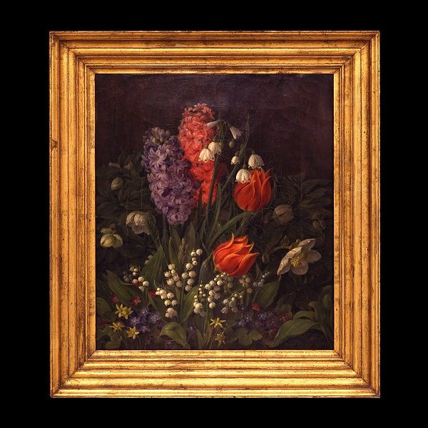 Christine Løvmand, 1803-72, elev af C. W. Eckersberg, olie på lærred, stilleben 
med blomster. Signeret "CL". Lysmål: 37x31cm. Med ramme: 48x42cm