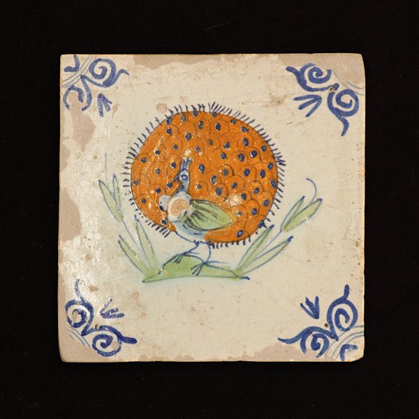 Dutch tile depicting a peacock. Holland circa 1620. 13x13cm