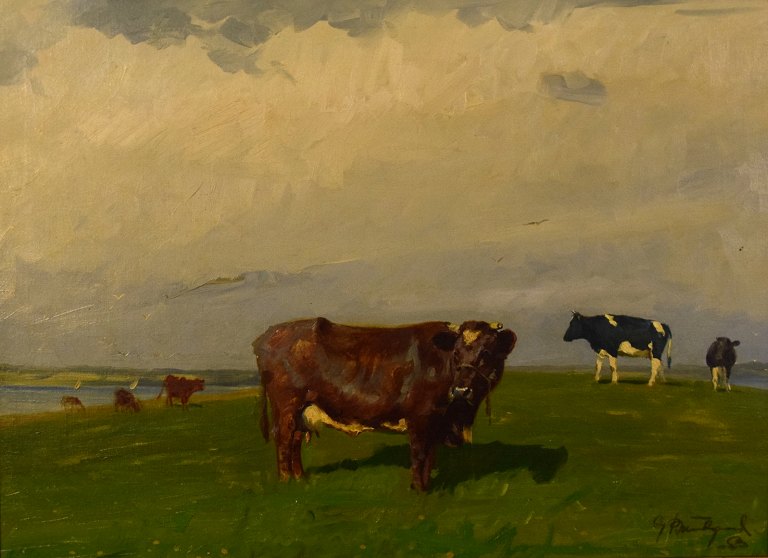 Gunnar Bundgaard (f. Aalborg 1920, d. 2005): Cows on the field.
Oil on canvas.