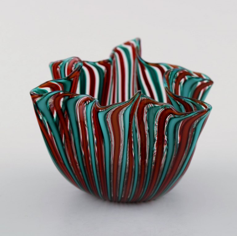 Bianconi Venini Murano Filigrana Stripes Italian Art Glass Fazzoletto Vase, 
Handkerchief Vase.