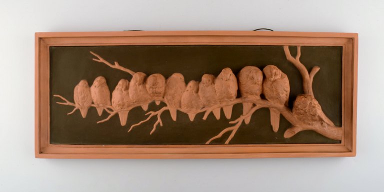 Ipsens, Denmark, large wall plaque with 12 birds on branch in relief, 
terracotta.