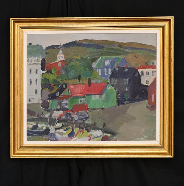 Ingálvur av Reyni, 1920-2005: Kleine Stadt, Färöer Insel. Öl auf Leinen. 
Signiert und datiert 1944. Lichtmasse: 53,5x63,5cm. Mit Rahmen: 
70x80cm