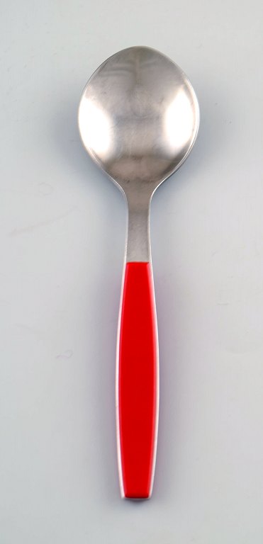 Dessert spoon. Henning Koppel. Strata cutlery stainless steel and red plastic.
