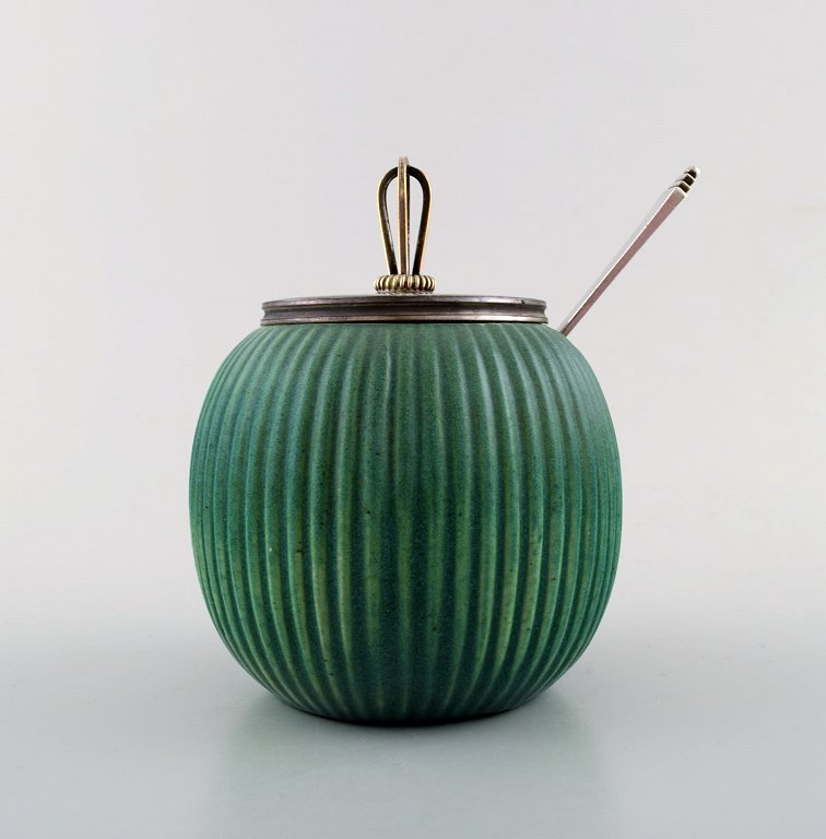 Michael Andersen, Denmark: Marmelade jar in ceramics, fluted style with plated 
silver lid and silver spoon by Georg jensen (Pyramid).
