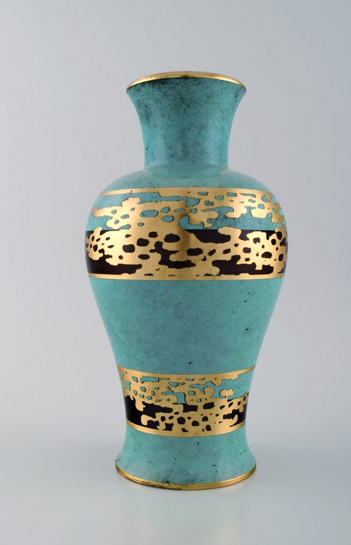 Art Deco vase, green patinated bronze with gold decoration "Ikora" WMF 
(Württembergische METALLWARENFABRIK)
