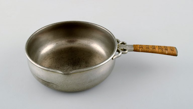 Just Andersen, rare art deco pewter caserole with handle in wicker. Denmark 1930 
s.