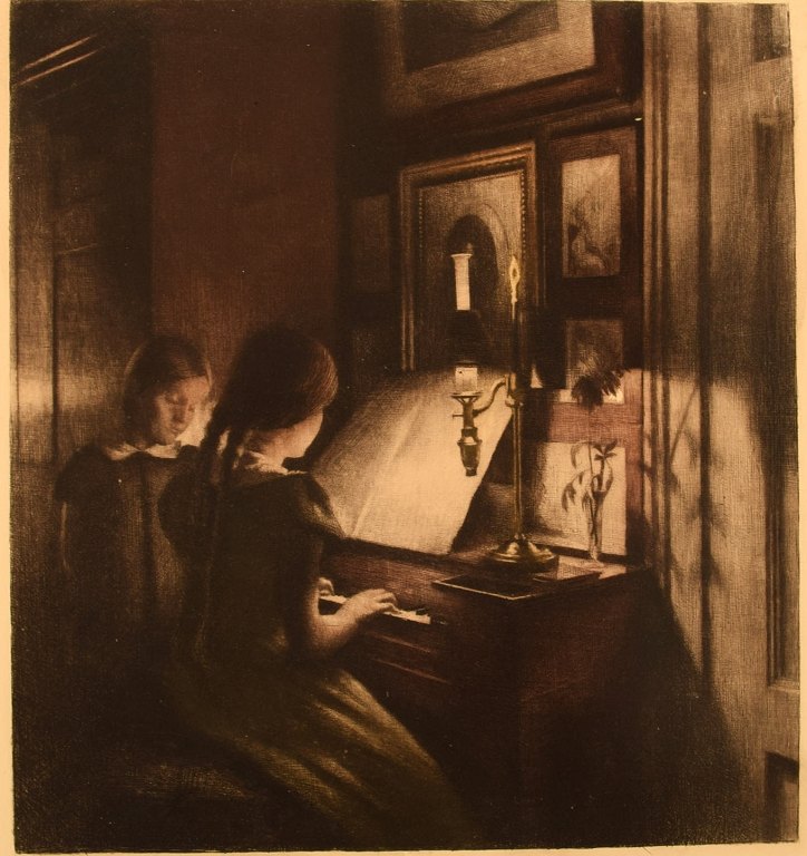 Peter Ilsted: Interior with two girls at the piano. Signed Peter Ilsted.