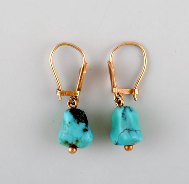 Danish 14K gold ear rings with turquoise. Mid-1900s.
