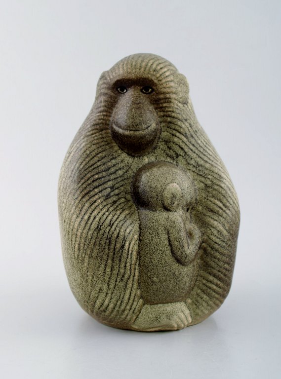 Rare Lisa Larson figure for K-Studio / Gustavsberg. Monkey with child. Glaze in 
green / brown shades.
